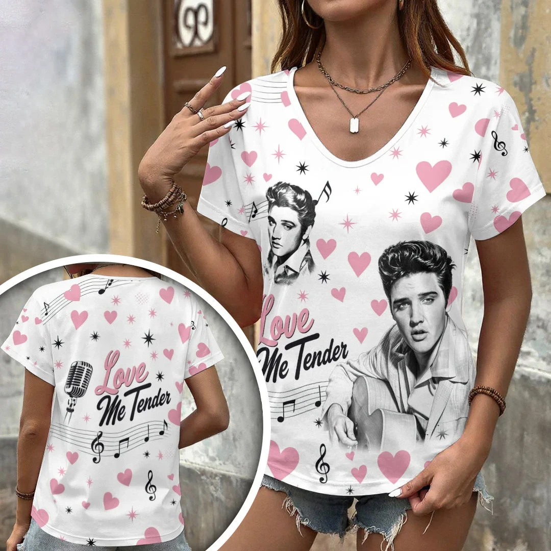 Elvis Presley Merch Love Me Tender V-Neck T-Shirt Pink Hearts Rock And Roll Music Shirt For Fans