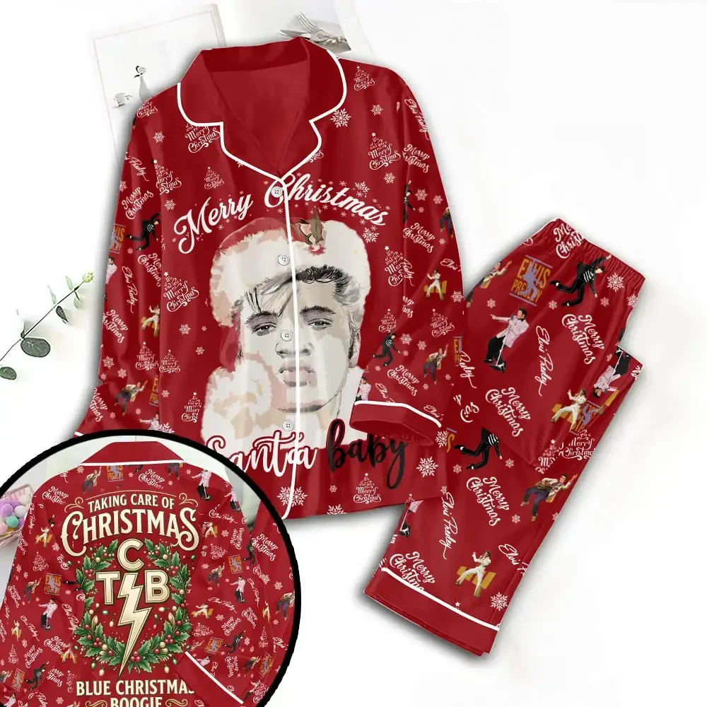 Elvis Presley Merch Merry Christmas Santa Baby Pajama Set Holiday Apparel Gift For Music Fans