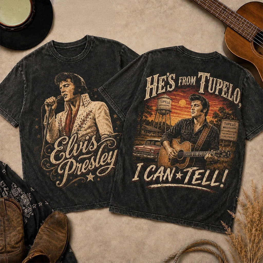 Elvis Presley Portrait Vintage T-Shirt He's From Tupelo Shirt Elvis Presley Merch Fan Gifts