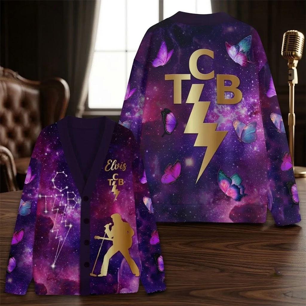 Elvis Presley TCB Galaxy Purple Cardigan Elvis Presley Merch Christmas Gift For Music Lovers Elvis Presley TCB Galaxy Purple Cardigan Elvis Presley Merch Christmas Gift For Music Lovers
