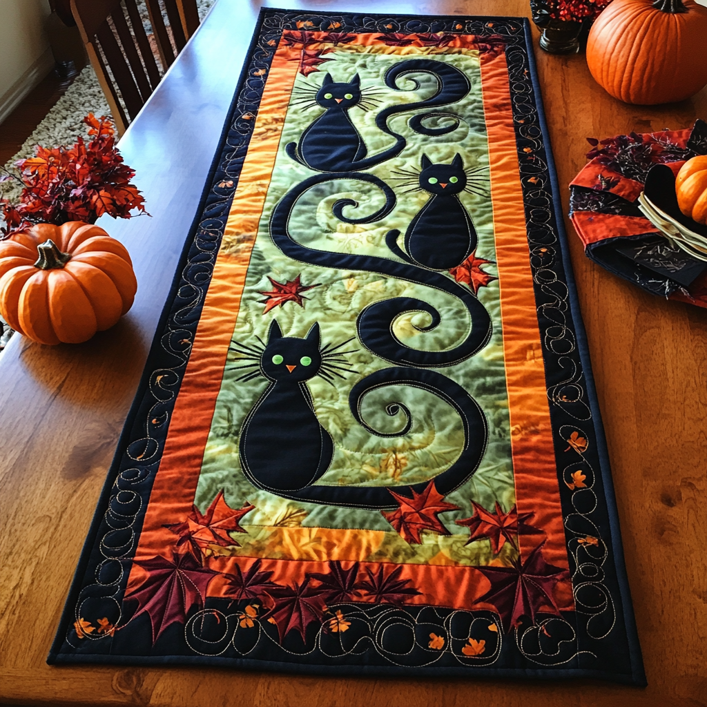 Enchanted Black Cat Quilted Table Runner Halloween Decorations For A Table Black Cat Gift Items