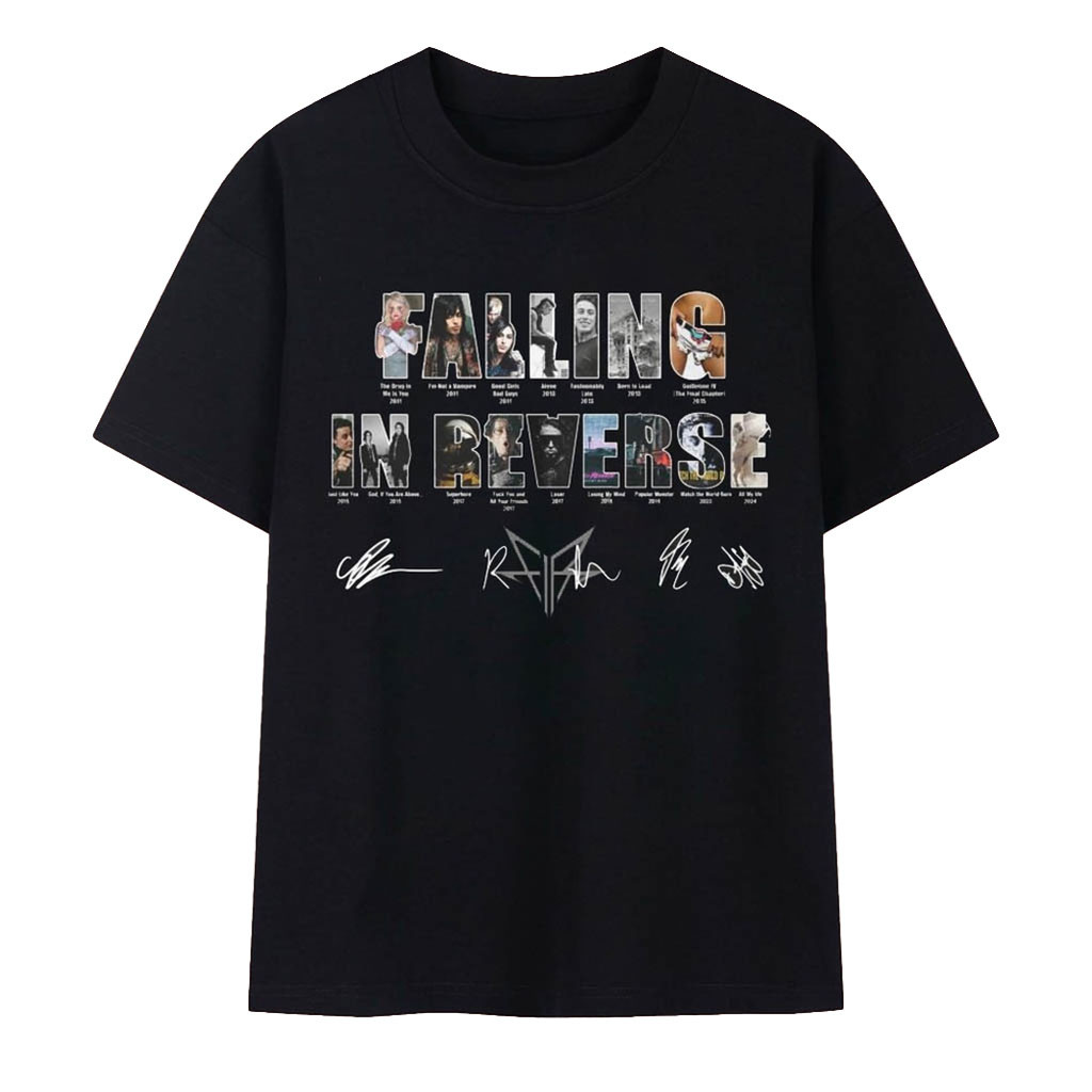 Falling In Reverse Discography Albums Band Signatures Graphic T-Shirt Falling In Reverse Merch