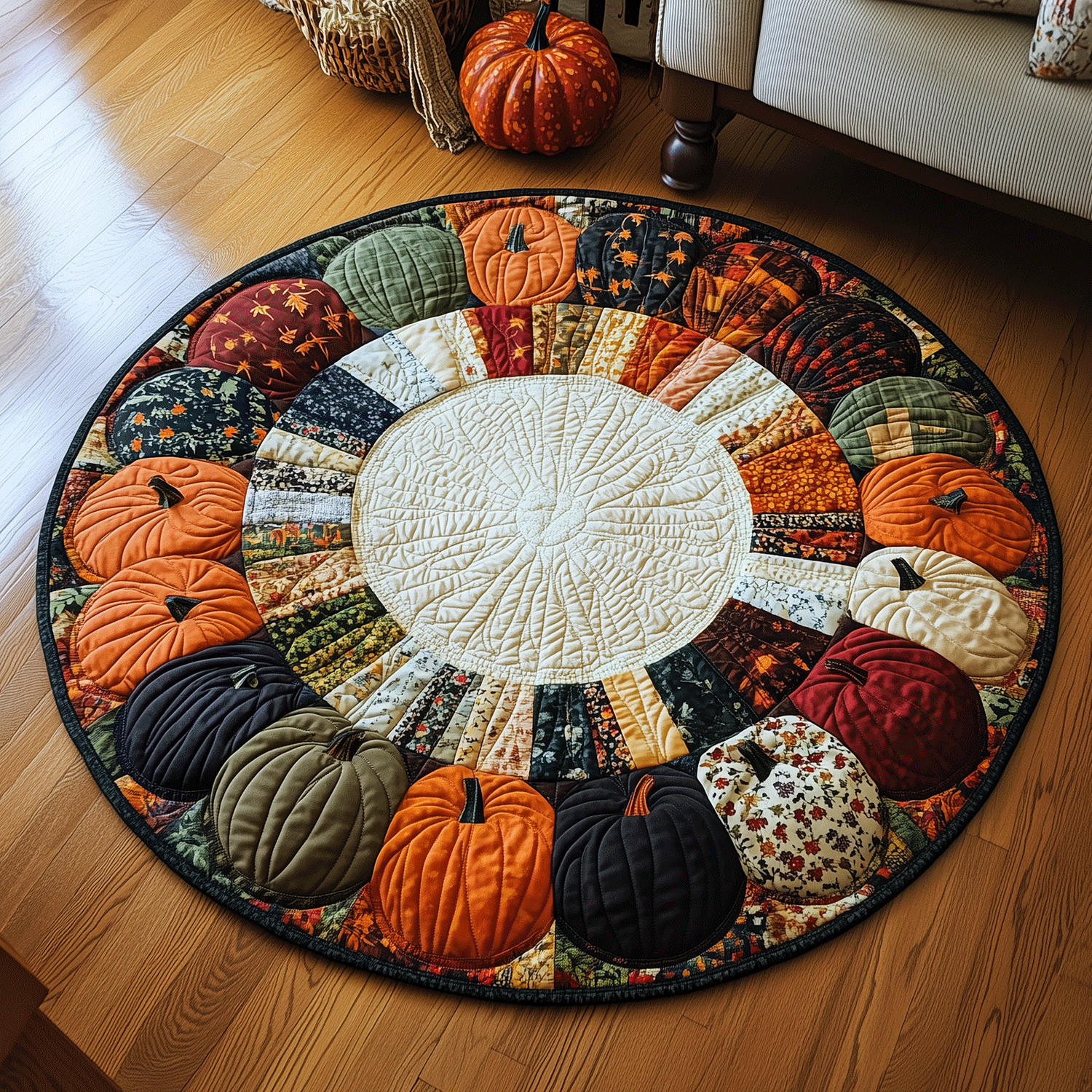 Festive Pumpkin Quilted Round Mat Rug Round Good Halloween Gifts