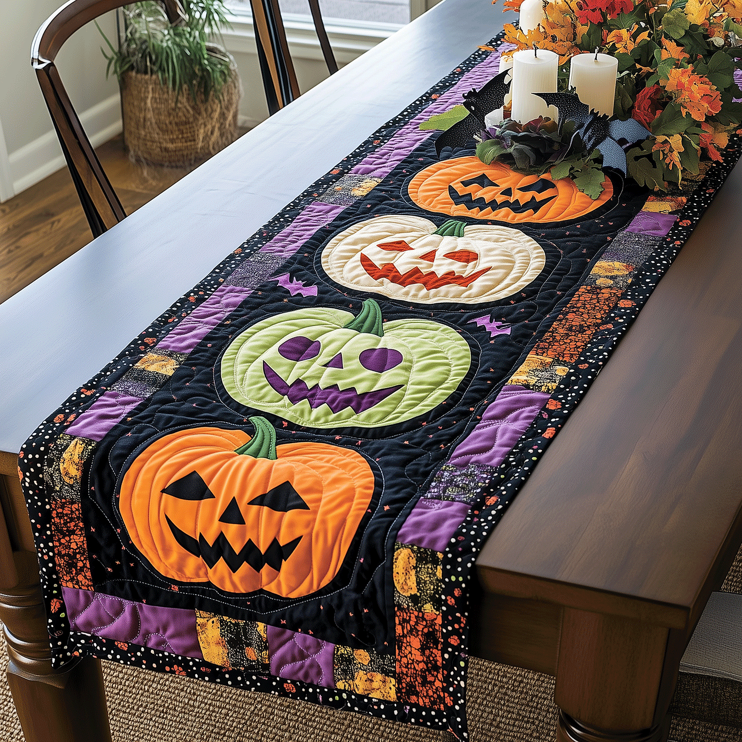 Festive Pumpkin Quilted Table Runner Scary Halloween Table Decor Unique Halloween Gifts