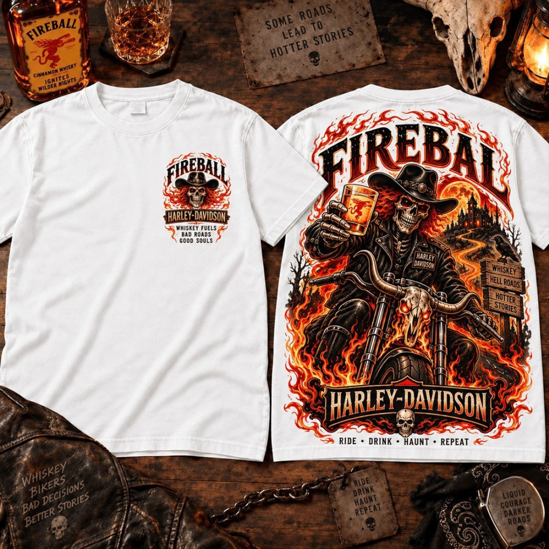 Fireball Harley Davidson Flaming Skeleton Rider Graphic T-Shirt Fireball Merch Halloween Gifts