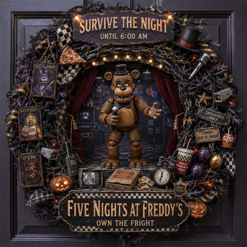 Five Nights At Freddy Door Sign Survive The Night Wreath FNAF Merch Horror Video Game Fan Gifts