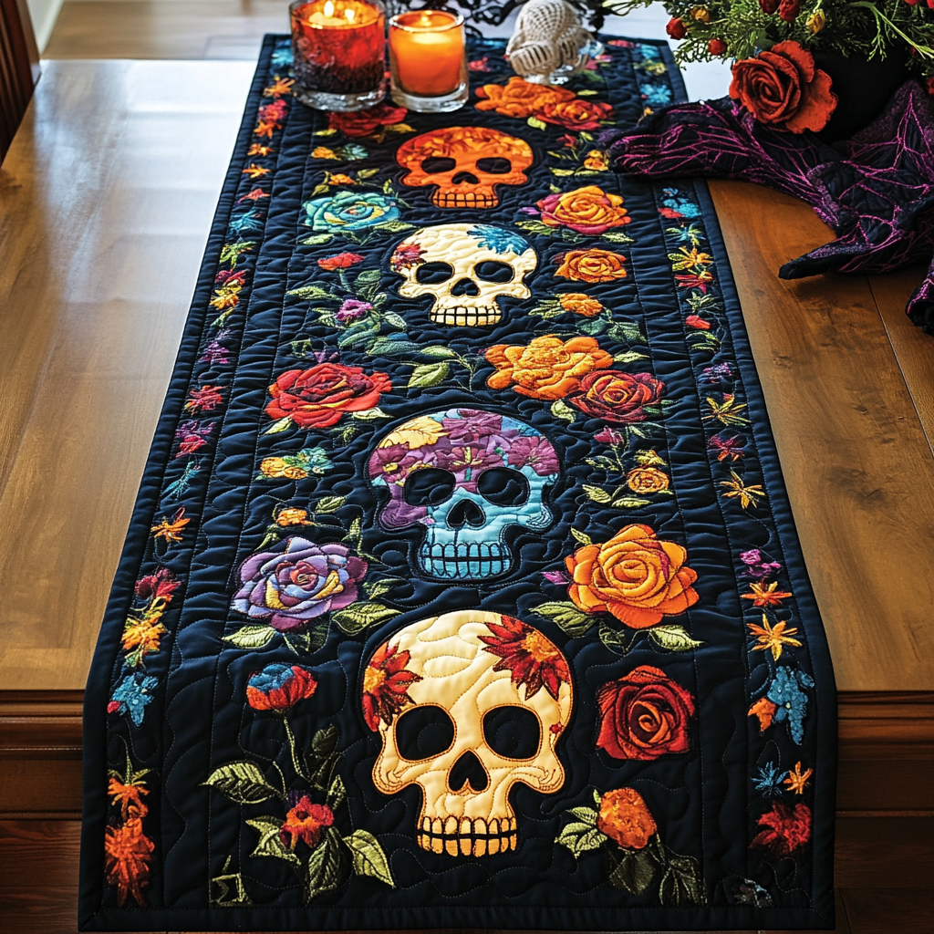 Floral Skull Quilted Table Runner Spooky Dinner Table Spooky Gifts For Her Floral Skull Quilted Table Runner Spooky Dinner Table Spooky Gifts For Her