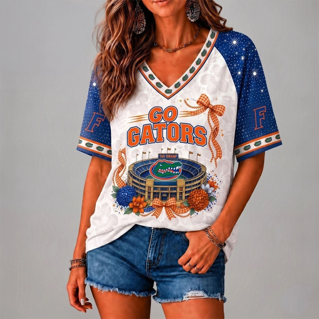 Florida Gators Floral Stadium Bow V-Neck Shirt Go Gators Merch Game Day Gifts For Her