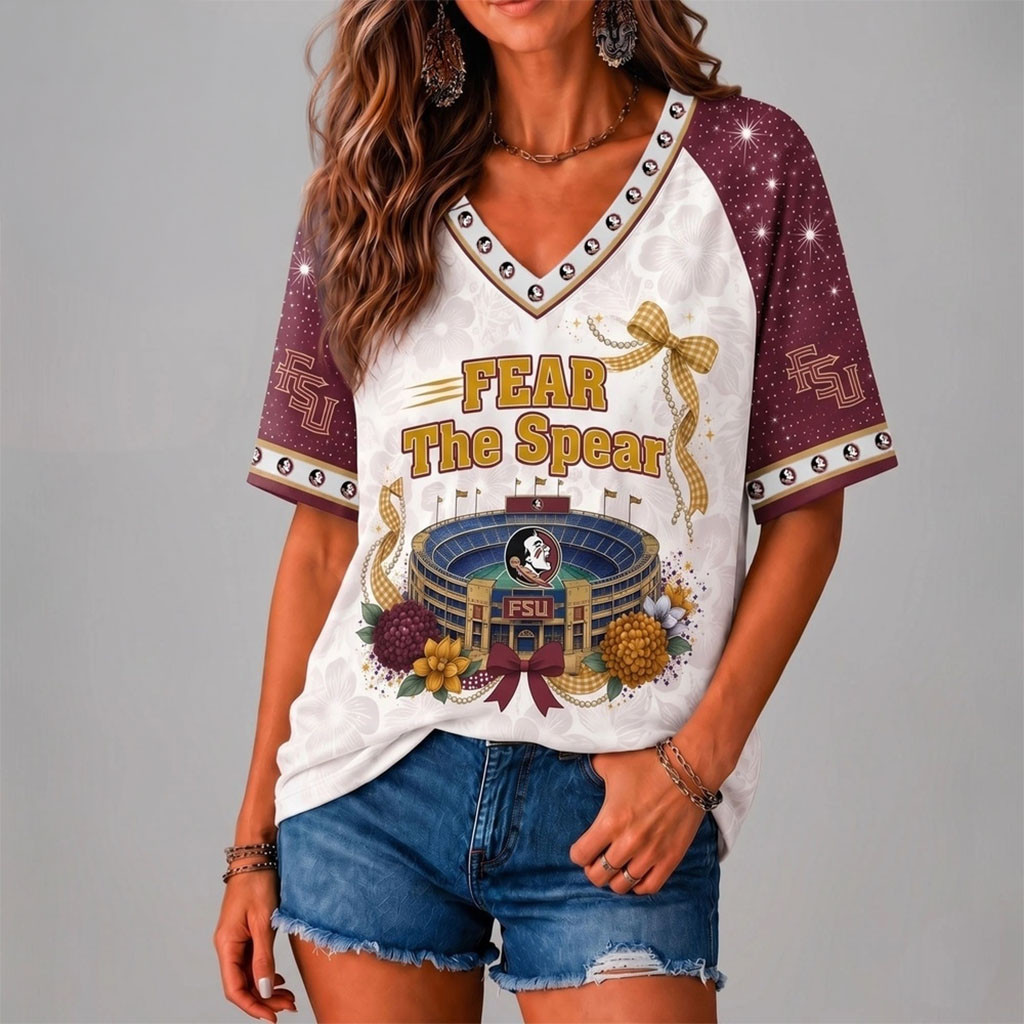 Florida State Seminoles Floral Stadium Bow V-Neck Shirt Fear The Spear Shirt Seminoles Merch Florida State Seminoles Floral Stadium Bow V-Neck Shirt Fear The Spear Shirt Seminoles Merch
