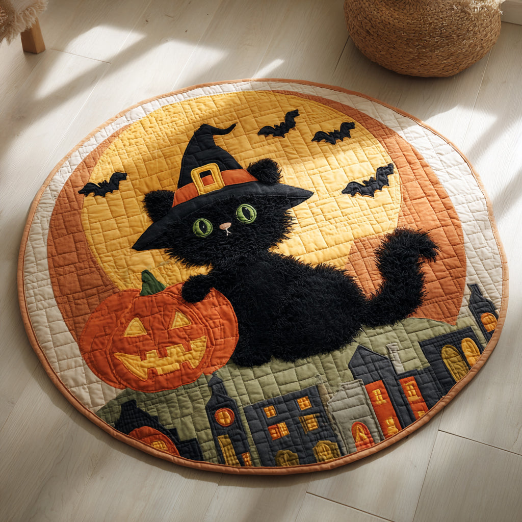 Fluffy Black Cat Halloween Quilted Round Mat Spooky Halloween Living Room Black Cat Gift Items Fluffy Black Cat Halloween Quilted Round Mat Spooky Halloween Living Room Black Cat Gift Items