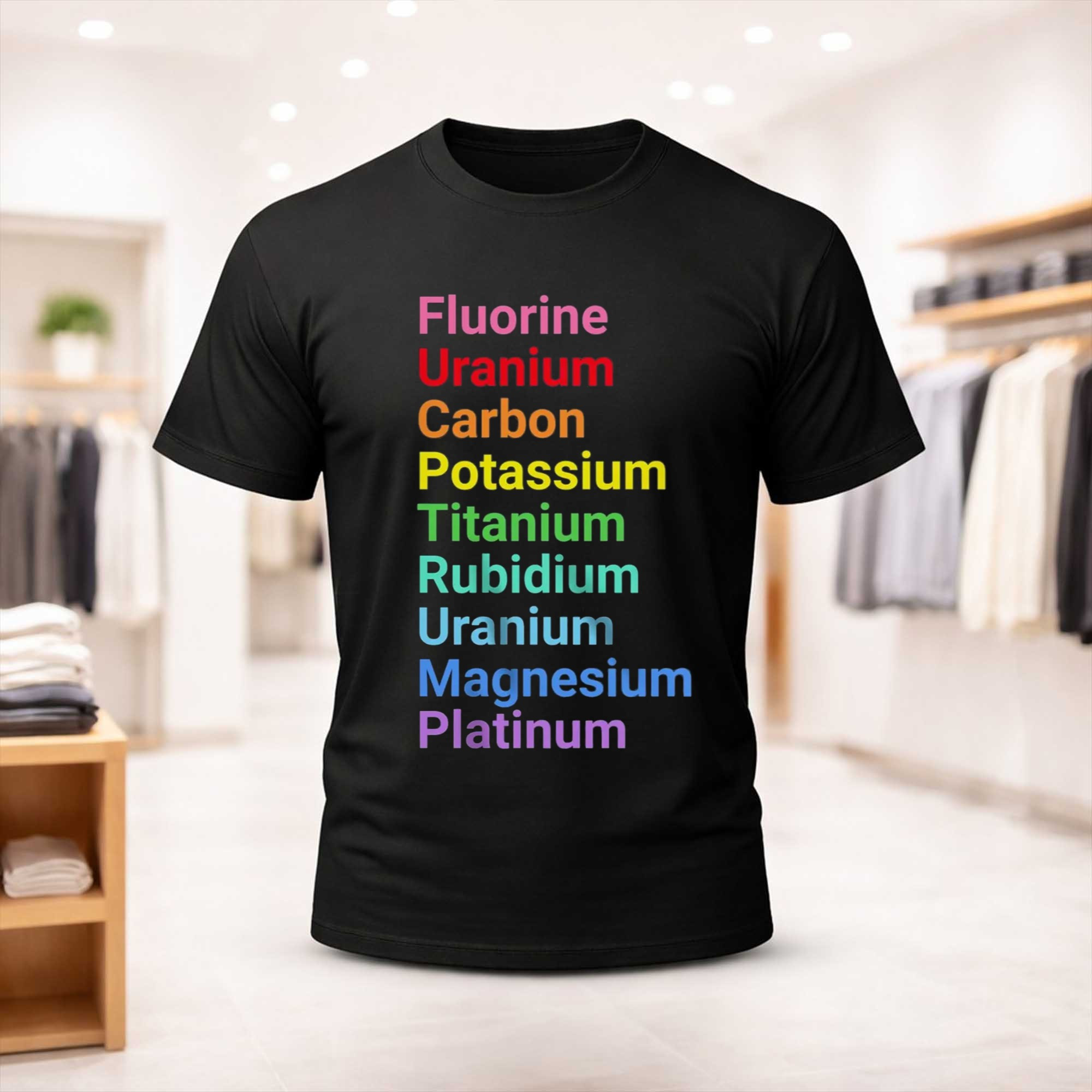 Fluorine Uranium Carbon Potassium Titanium Rubidium Uranium Magnesium Platinum Shirt Black