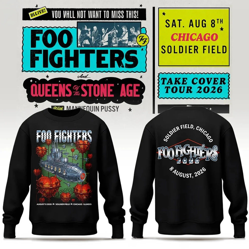 Foo Fighters Merch 2026 Take Cover Tour Chicago IL Sweatshirt Black FF Concert Merchandise