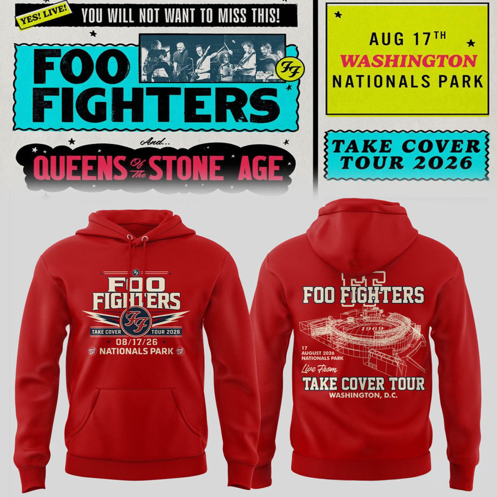 Foo Fighters Take Cover Tour 2026 Washington DC Nationals Park Hoodie Red Foo Fighters Merch