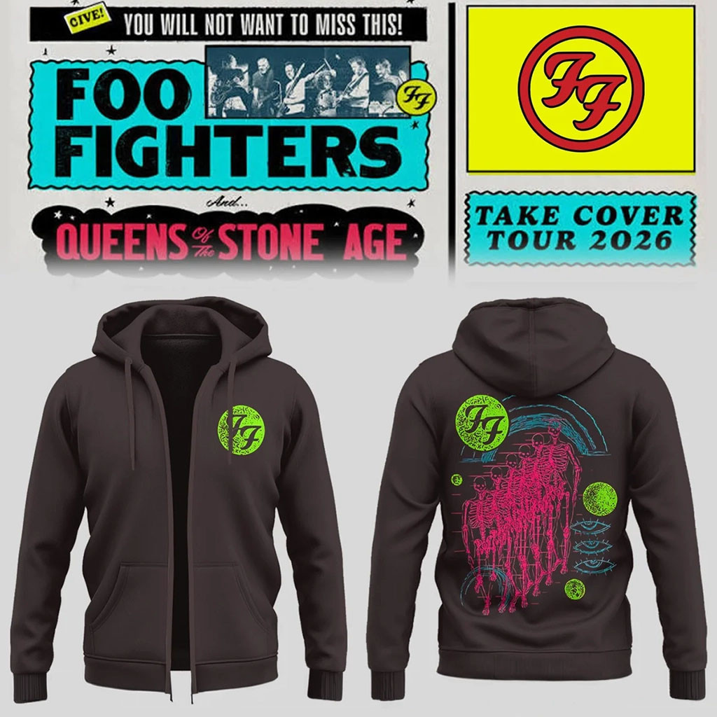 Foo Fighters Take Cover Tour Merch 2026 Neon Skeleton Zip Hoodie Presents For Rock Lovers