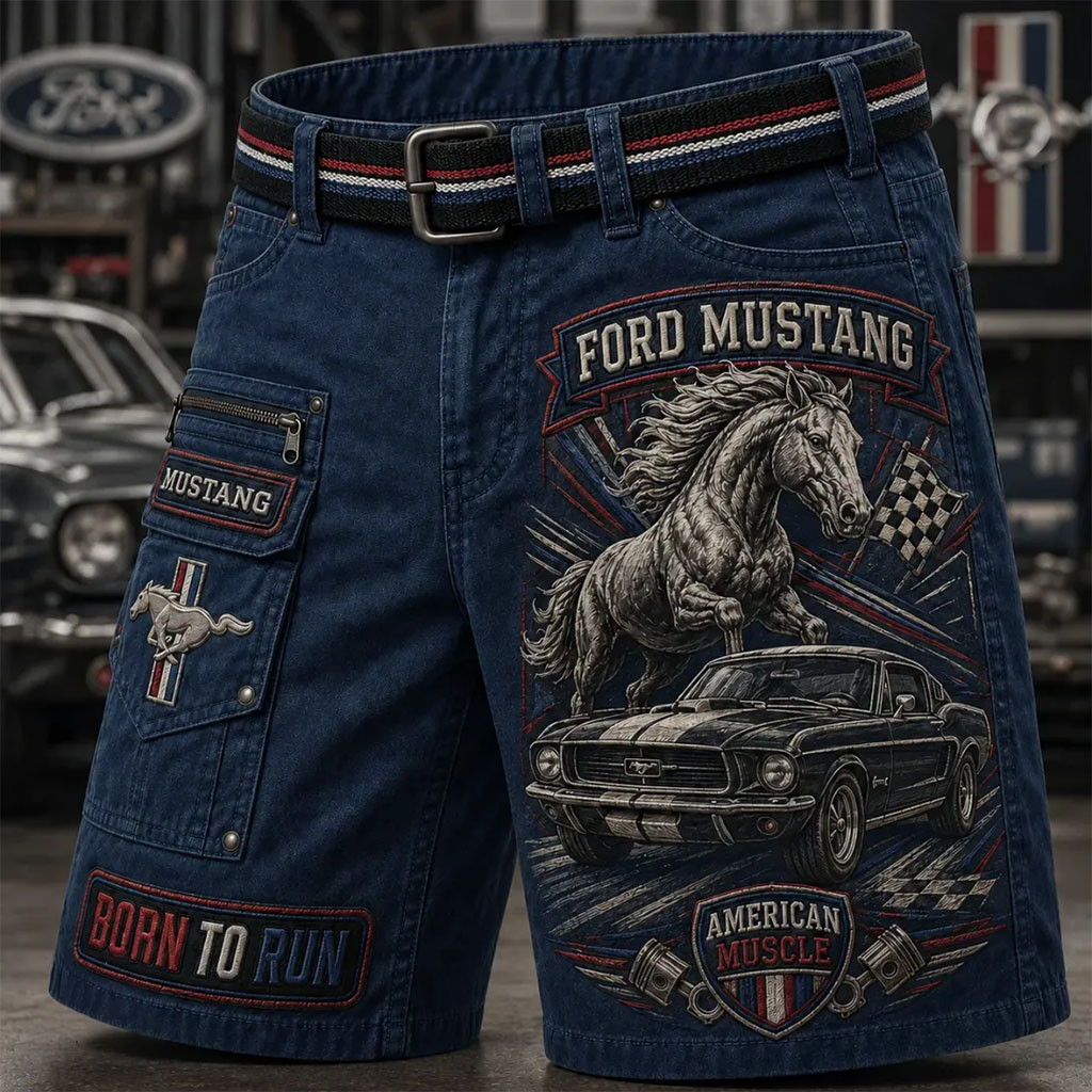 Ford Mustang American Muscle Navy Blue Shorts Born To Run Ford Merch Gifts For Car Lovers