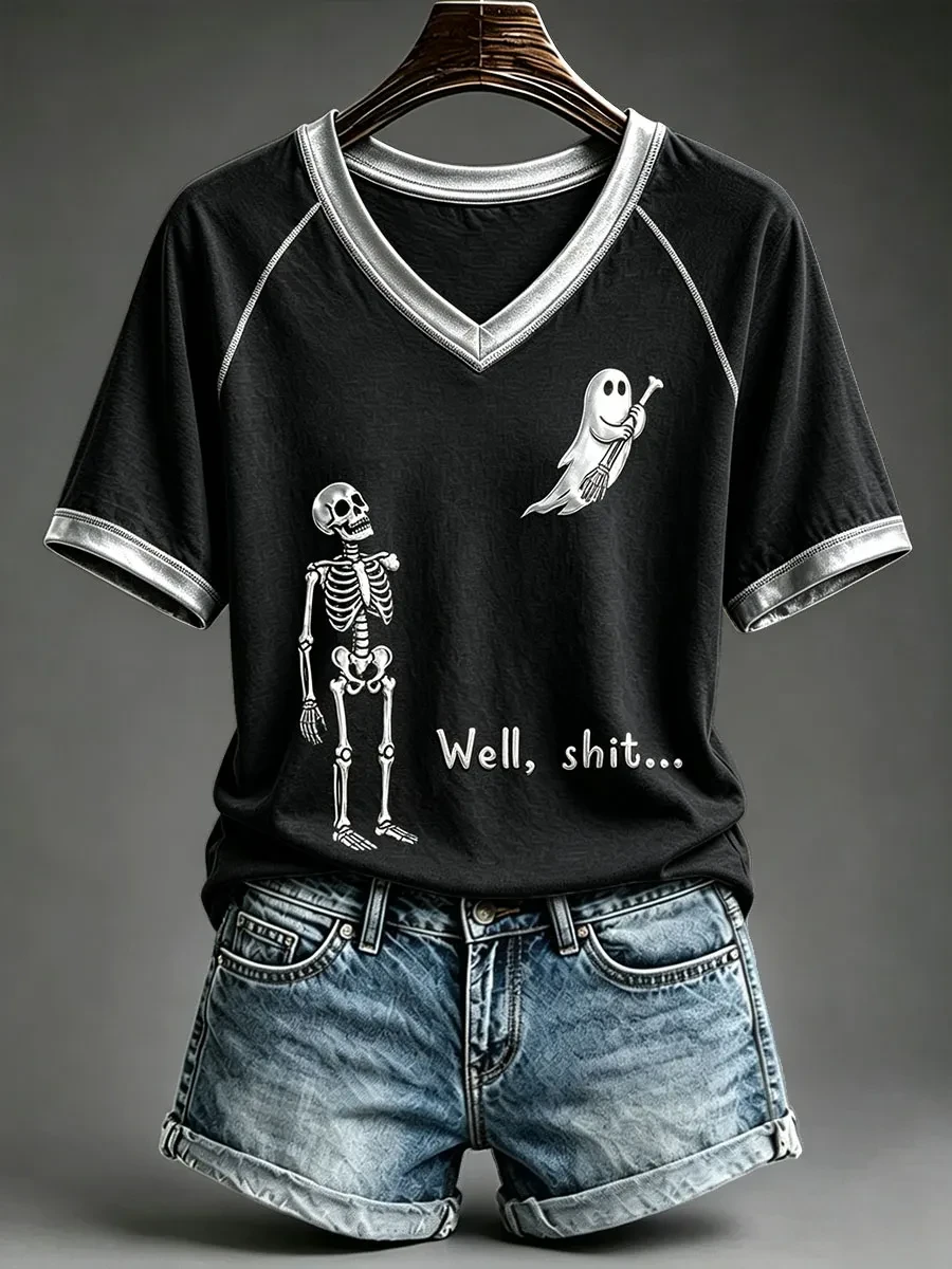 Funny Skeleton Ghost Well Shit V-Neck Shirt Cute Ghost Stole Arm Shirt Halloween Gifts