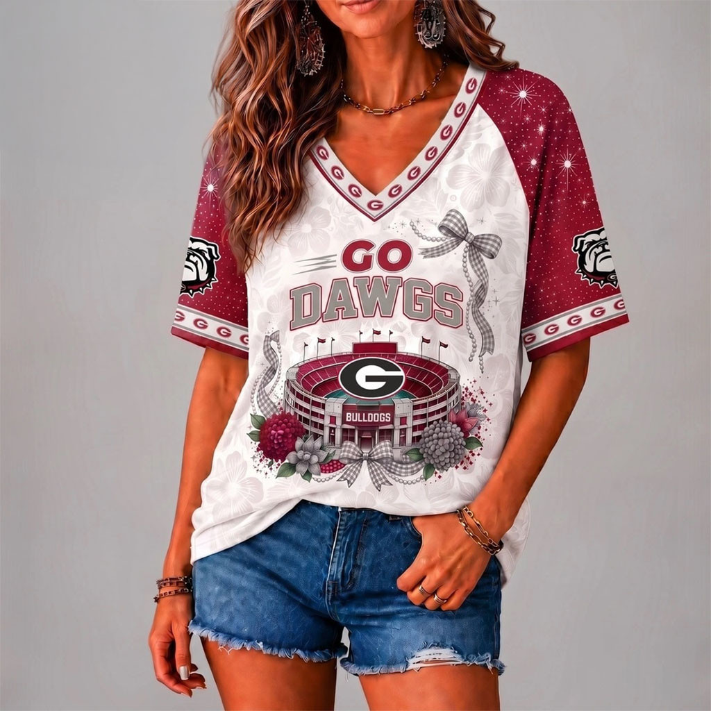 Georgia Bulldogs Merch Floral Stadium Bow V-Neck Shirt Go Dawgs Shirt Game Day Apparel Women's Georgia Bulldogs Merch Floral Stadium Bow V-Neck Shirt Go Dawgs Shirt Game Day Apparel Women's