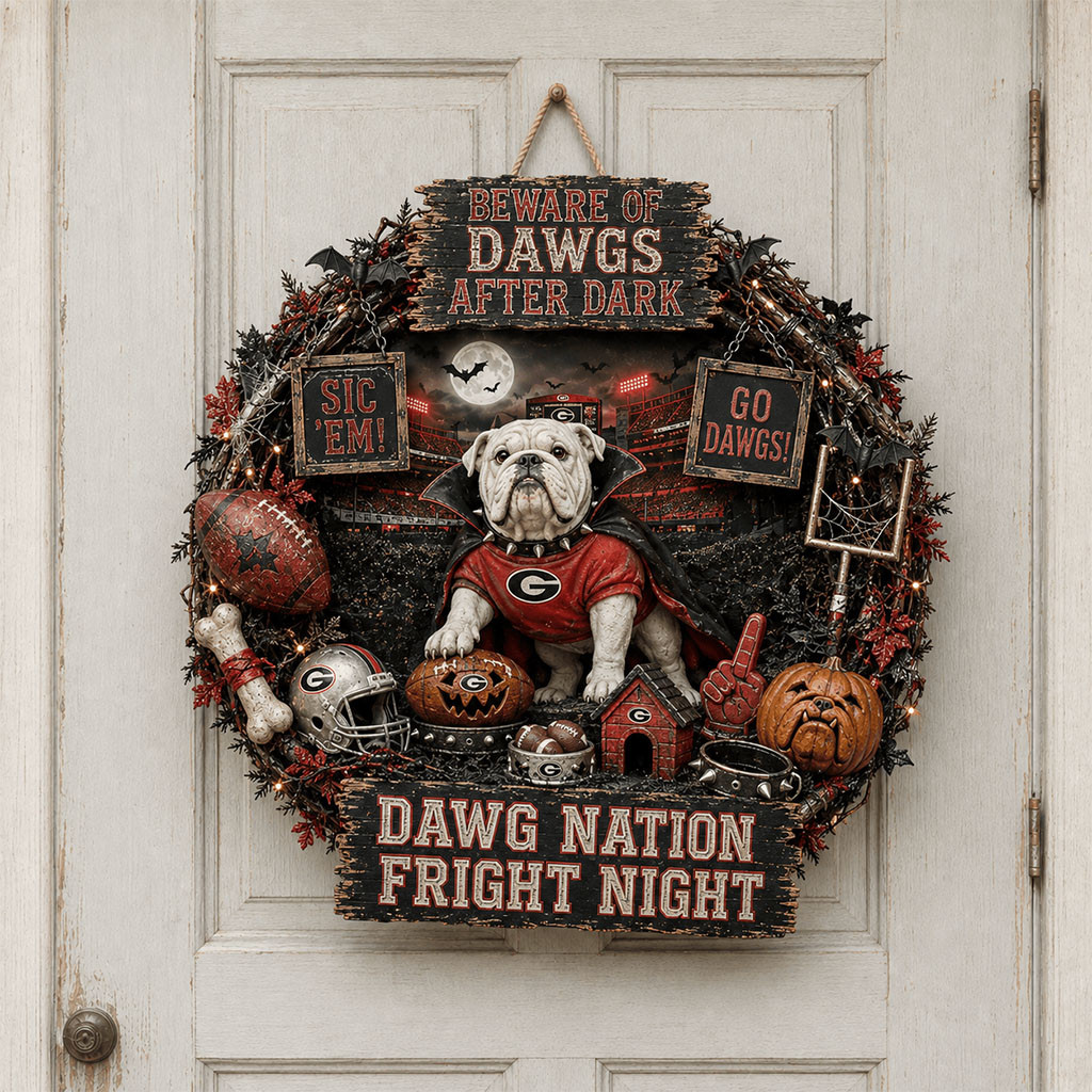 Georgia Bulldogs Merch Halloween Door Sign Dawg Nation Fright Night Wreath Football Fan Gifts