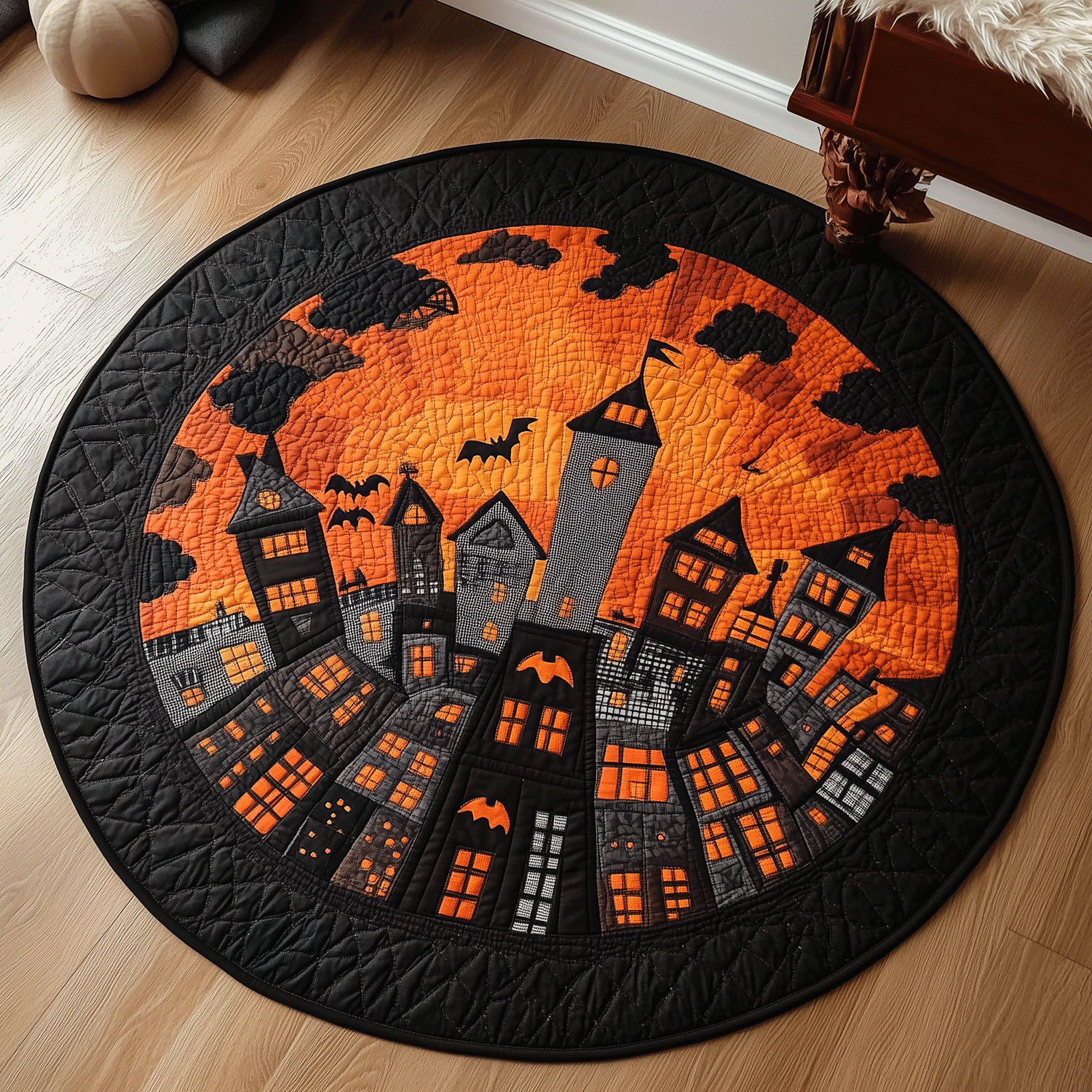 Ghostly Cityscape Quilted Round Mat Halloween Home Decor Gift Items For New Home