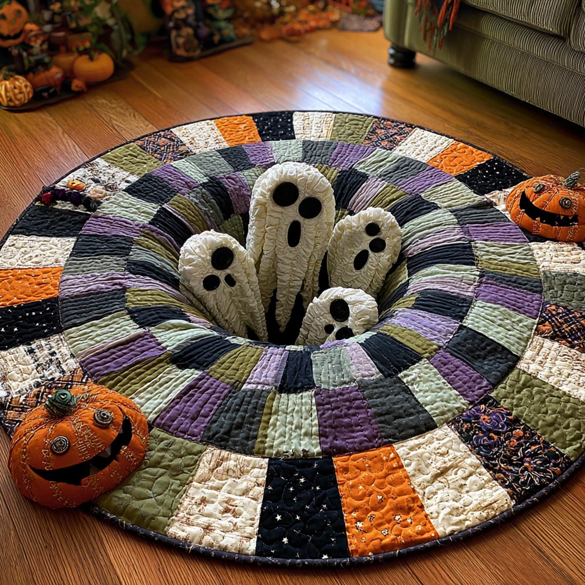 Ghostly Escape Quilted Round Mat Living Area Decor Ideas Halloween Gifts For Family