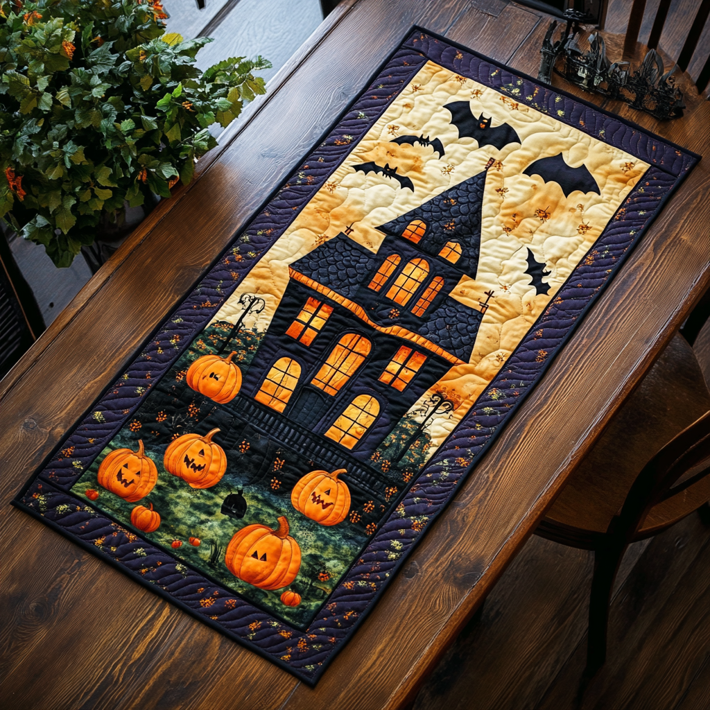 Ghostly House Halloween Quilted Table Runner Halloween Decorations For A Table Gift Halloween