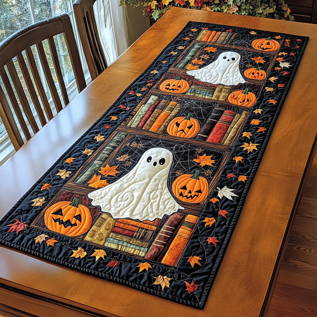 Ghostly Leaves Quilted Table Runner Dining Room Table Decor Gift Ideas Halloween