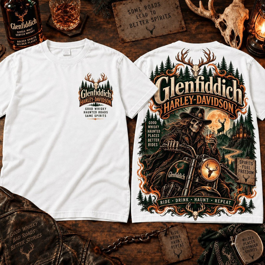 Glenfiddich X Harley Davidson Antler Skeleton Rider Graphic T-Shirt Present For Halloween