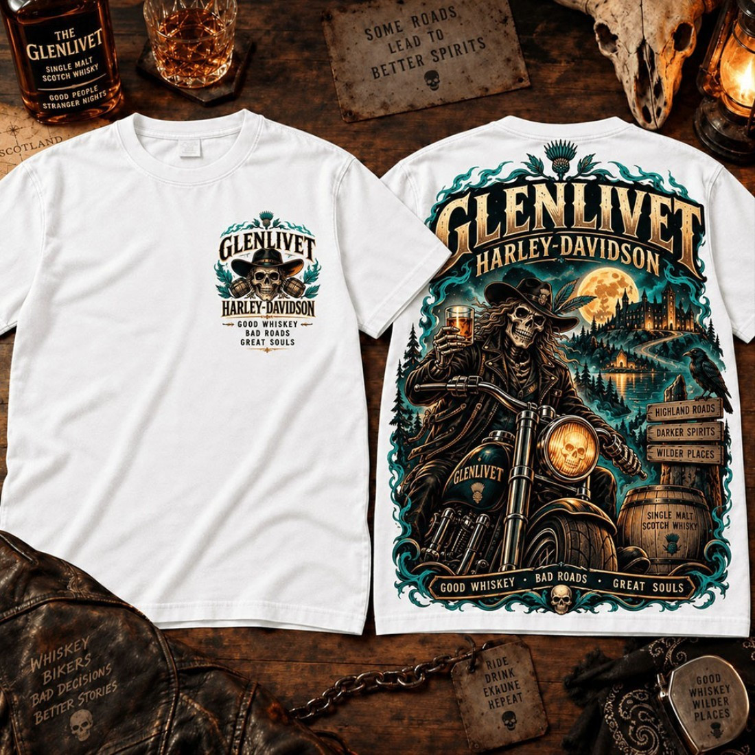 Glenlivet X Harley Davidson Merch Highland Skeleton Rider Graphic T-Shirt Halloween Gift Ideas Glenlivet X Harley Davidson Merch Highland Skeleton Rider Graphic T-Shirt Halloween Gift Ideas