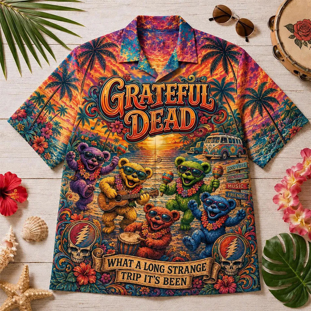 Grateful Dead Merch Dancing Bears Hawaiian Shirt What A Long Strange Trip It's Been Shirt Grateful Dead Merch Dancing Bears Hawaiian Shirt What A Long Strange Trip It's Been Shirt