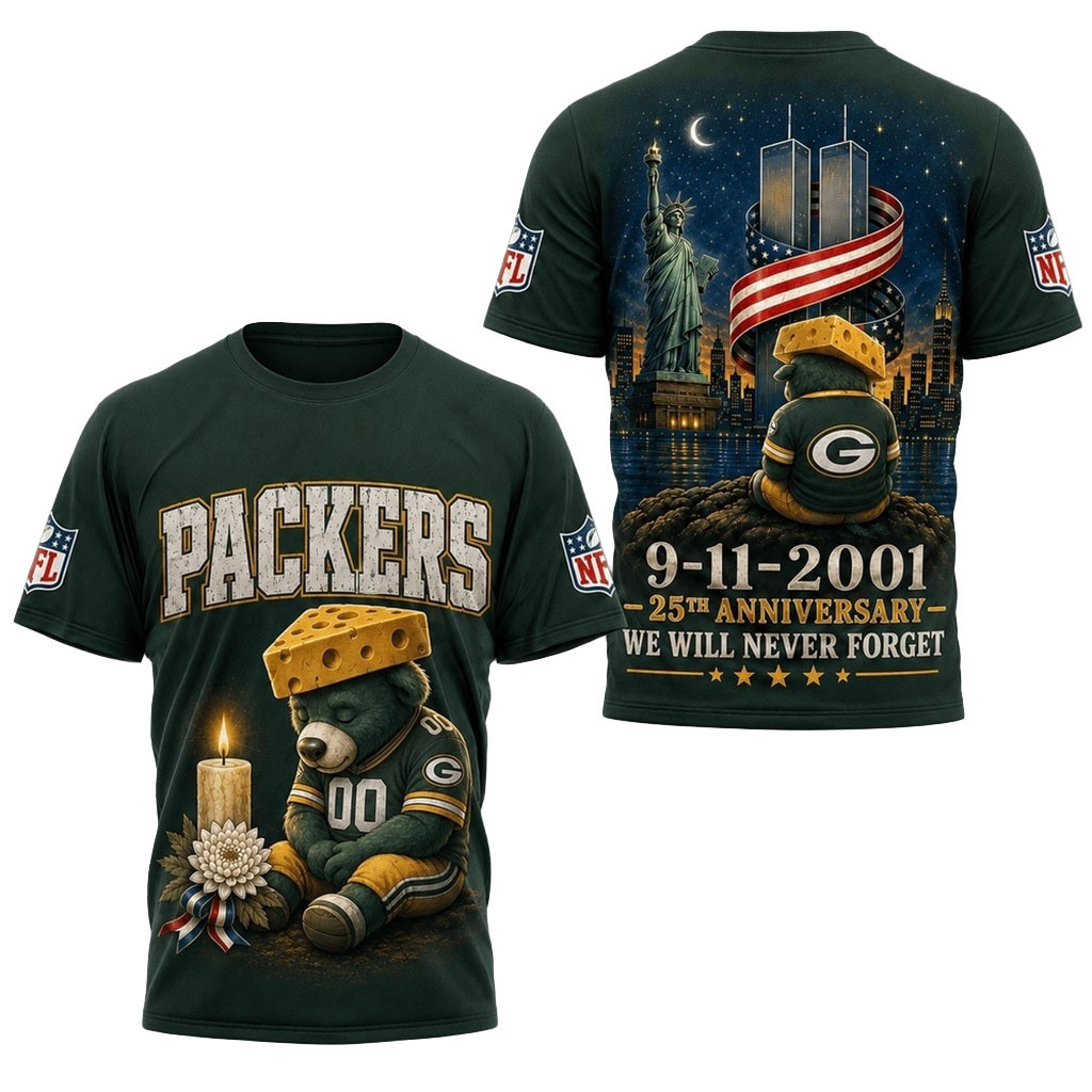Green Bay Packers 9 11 25th Anniversary Never Forget Memorial T-Shirt Packers Merch Dad Gifts
