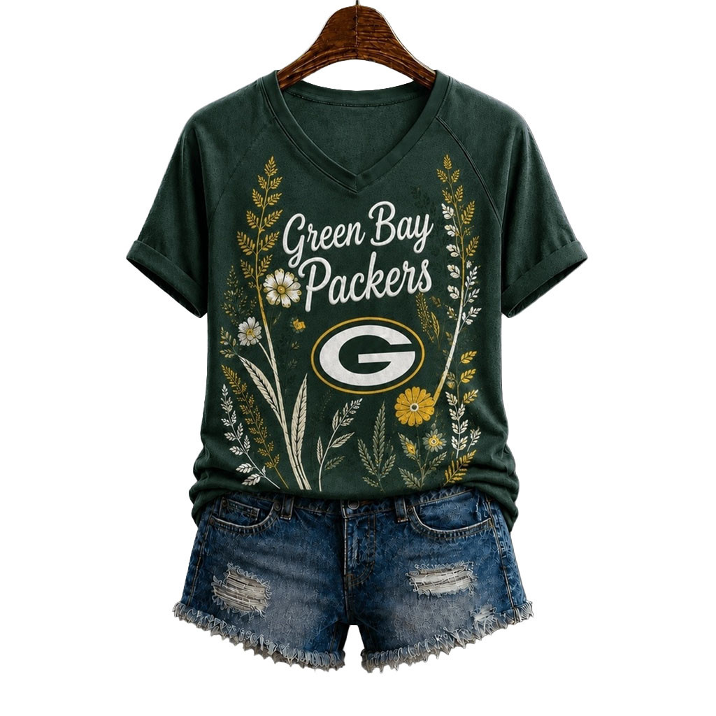 Green Bay Packers Floral Garden V-Neck T-Shirt Packers Merch Gift Ideas For Football Lovers Green Bay Packers Floral Garden V-Neck T-Shirt Packers Merch Gift Ideas For Football Lovers