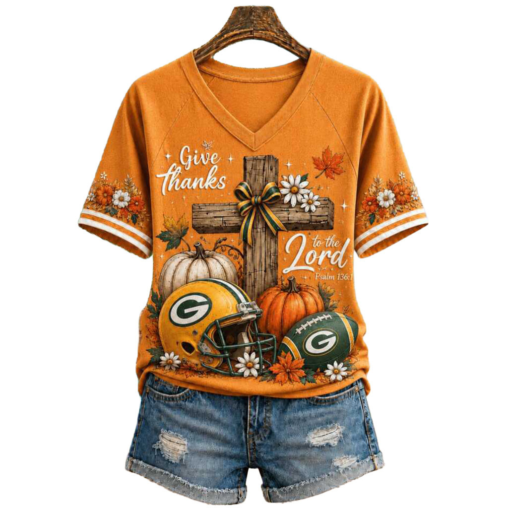 Green Bay Packers Give Thanks Cross Pumpkin Autumn Football V-Neck Shirt Packers Merch Green Bay Packers Give Thanks Cross Pumpkin Autumn Football V-Neck Shirt Packers Merch