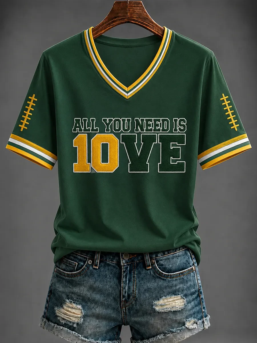 Green Bay Packers Merch All You Need Is Love V-Neck Shirt Game Day Apparel Packers Fan Gifts