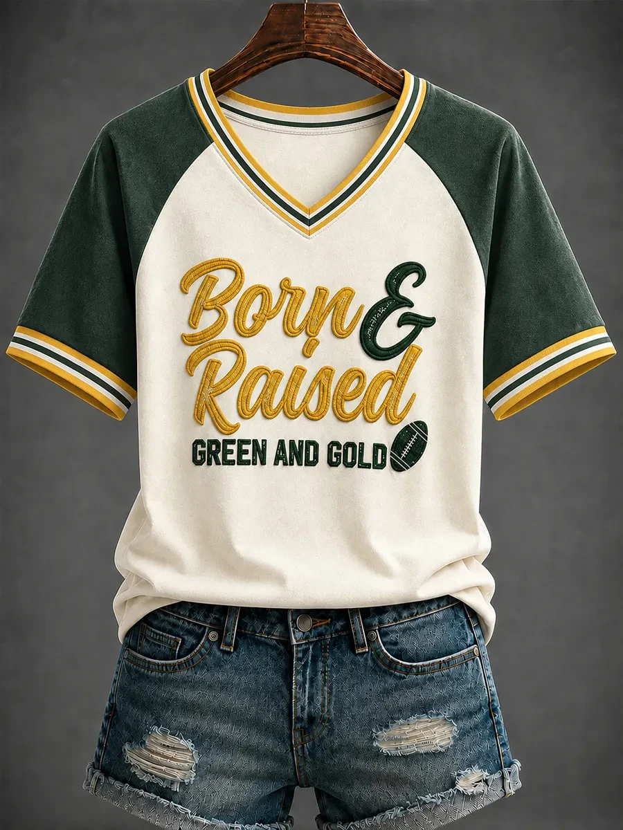 Green Bay Packers Merch Born And Raised Green And Gold V-Neck Shirt Gift For Football Lovers