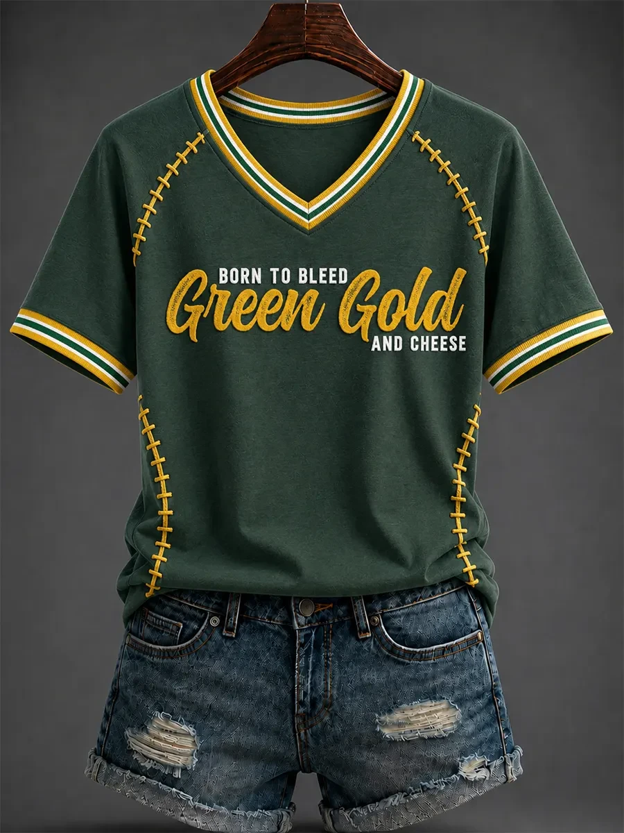 Green Bay Packers Merch Born To Bleed Green Gold And Cheese V-Neck Shirt Football Tailgate Gear