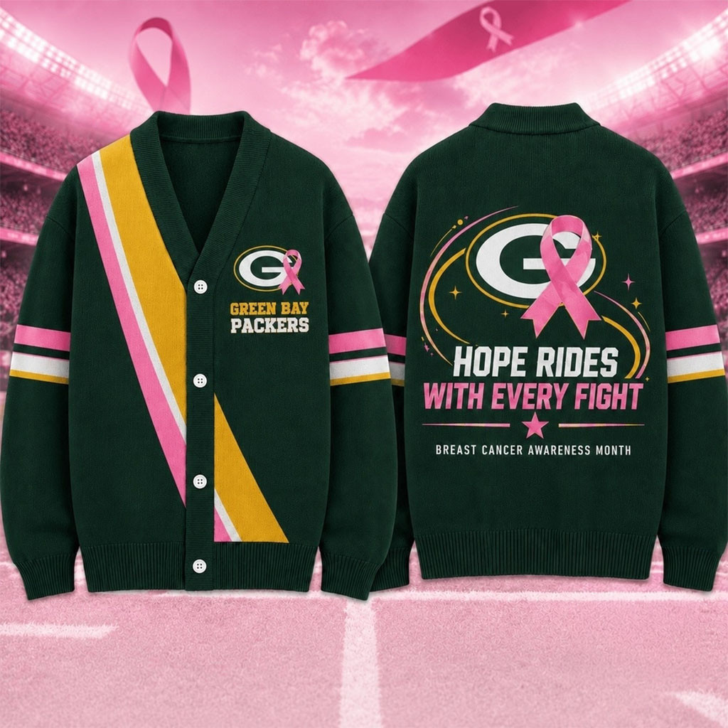 Green Bay Packers Merch Breast Cancer Hope Rides With Every Fight Cardigan Cancer Fighter Gifts