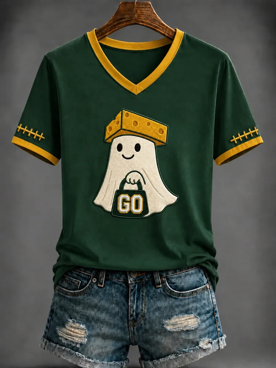 Green Bay Packers Merch Cute Ghost Go Green Bay Football V-Neck Shirt Game Day Gifts