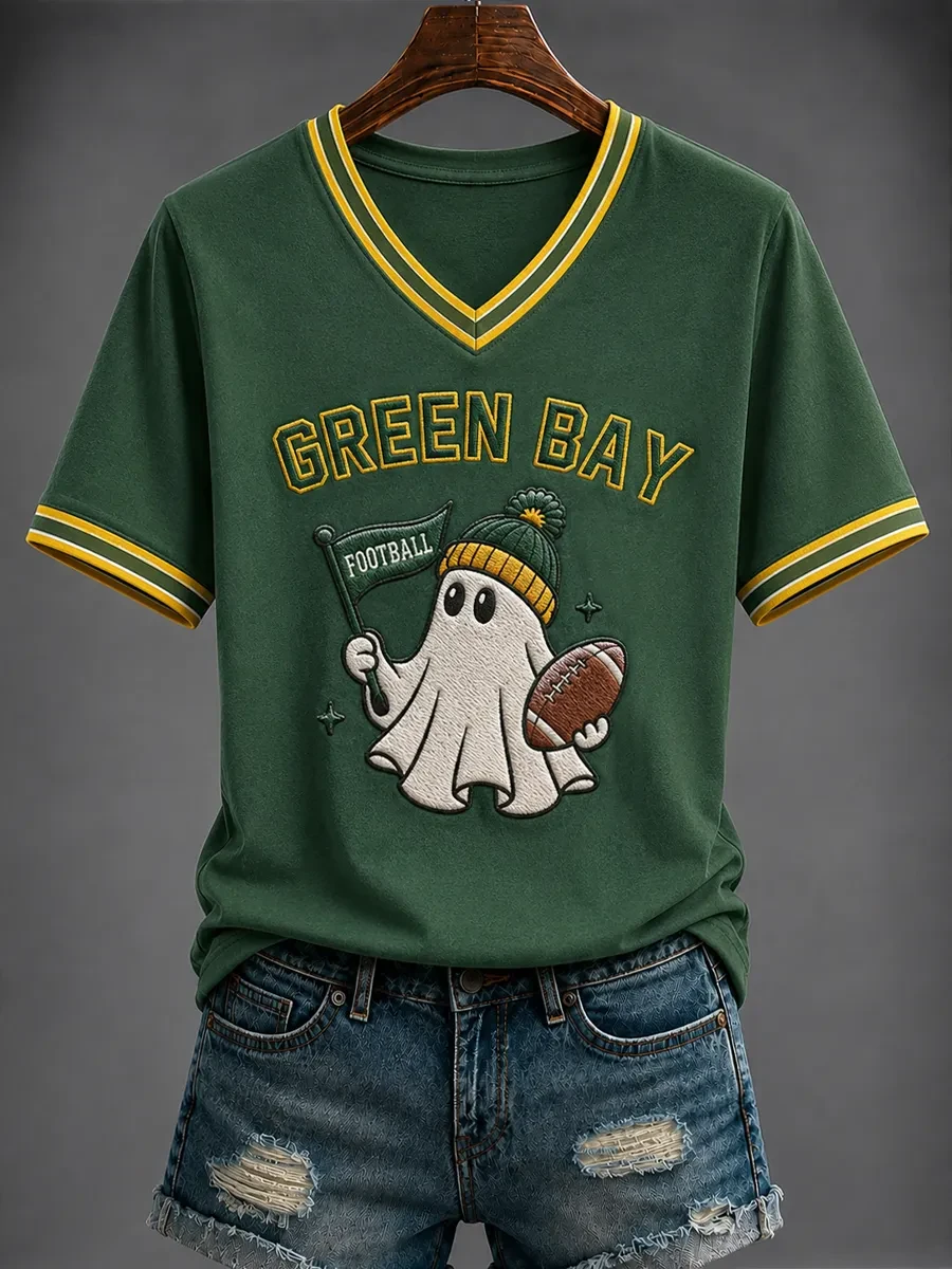 Green Bay Packers Merch Ghost Green Bay Football V-Neck Shirt Cute Game Day Spirit Wear Gifts