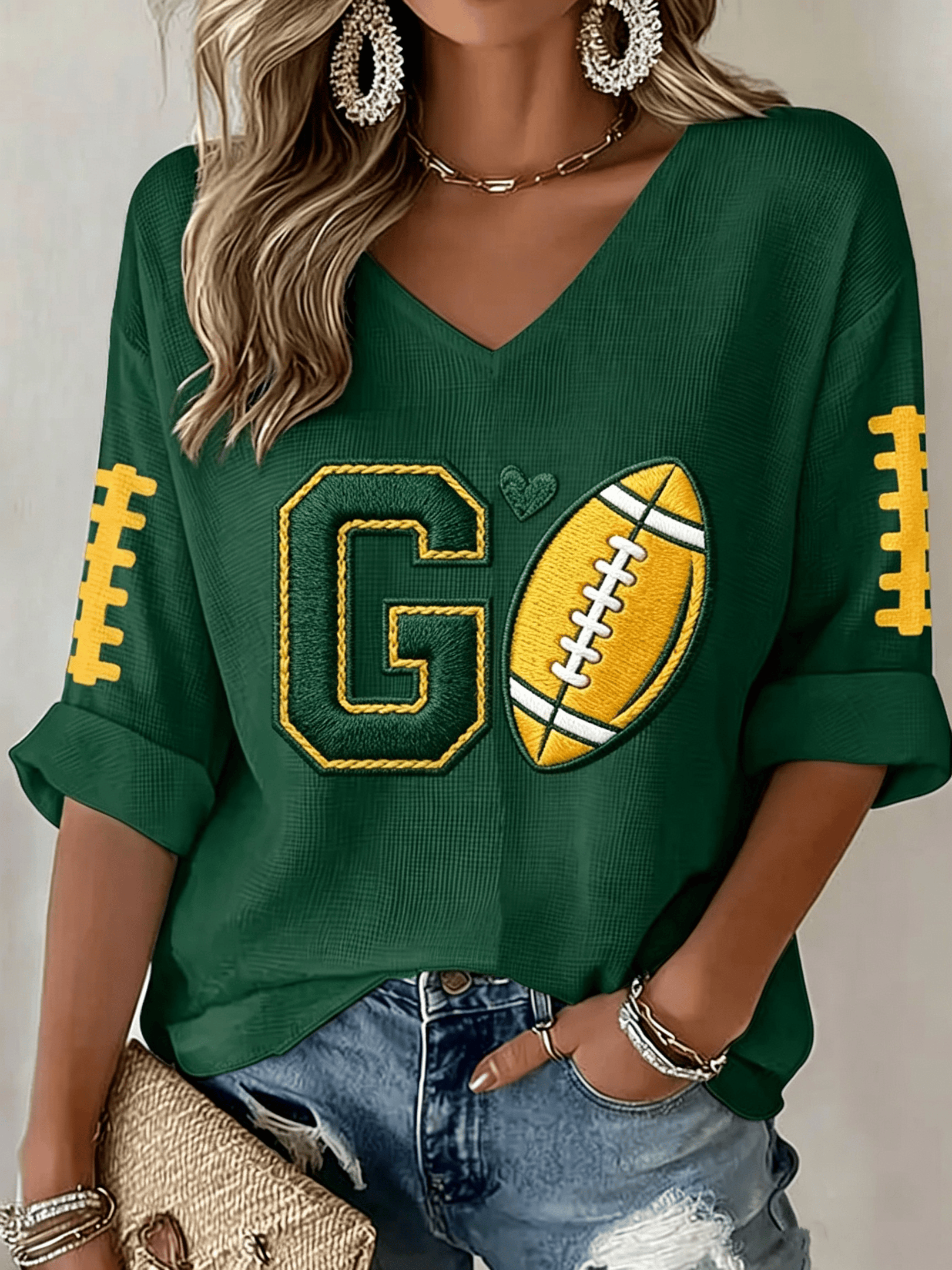 Green Bay Packers Merch Go Green Bay Football Long Sleeve V-Neck Shirt Game Day Gift For Her