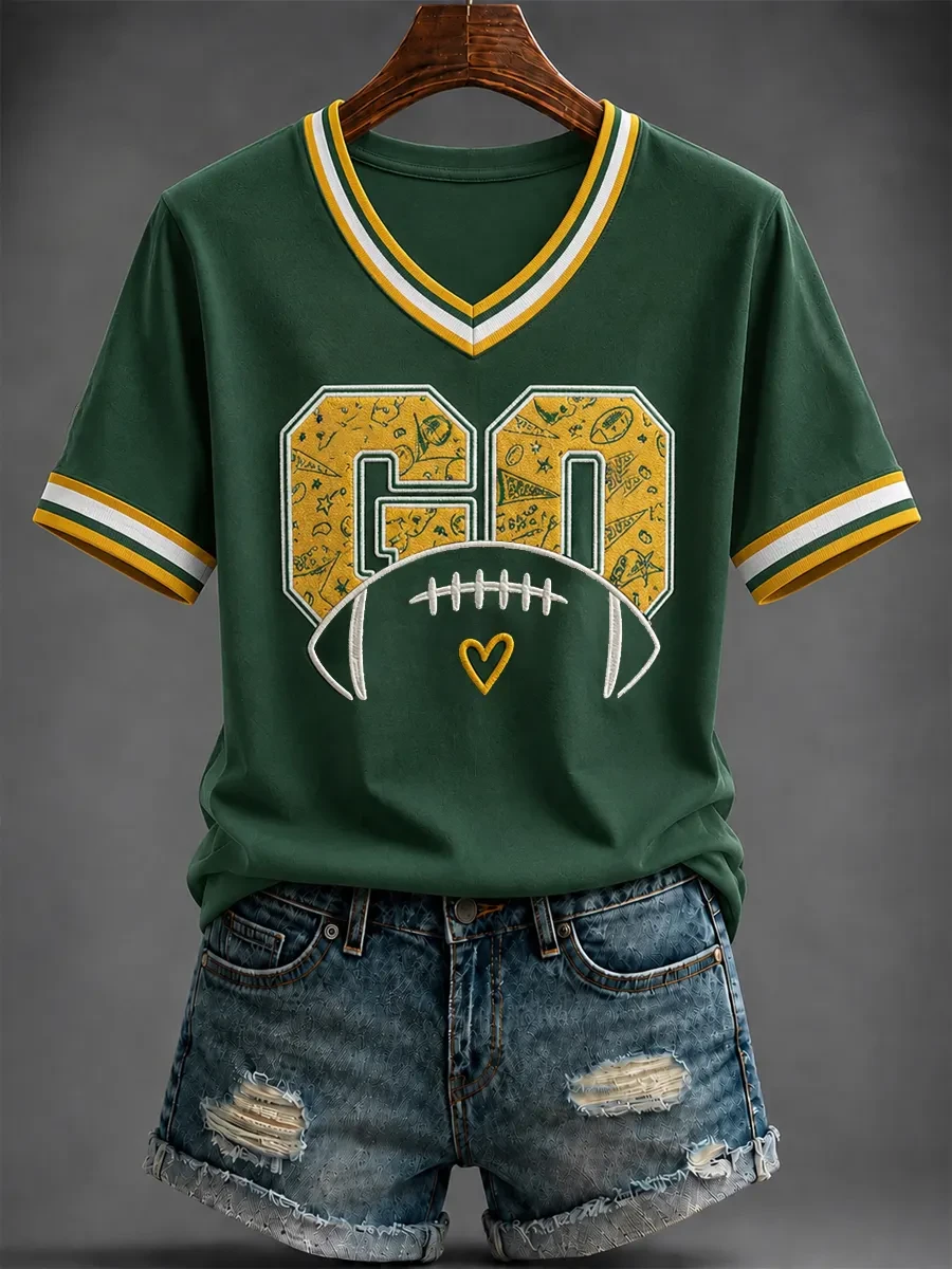 Green Bay Packers Merch Go Green Bay Football V-Neck Shirt Game Day Sports Apparel Women's