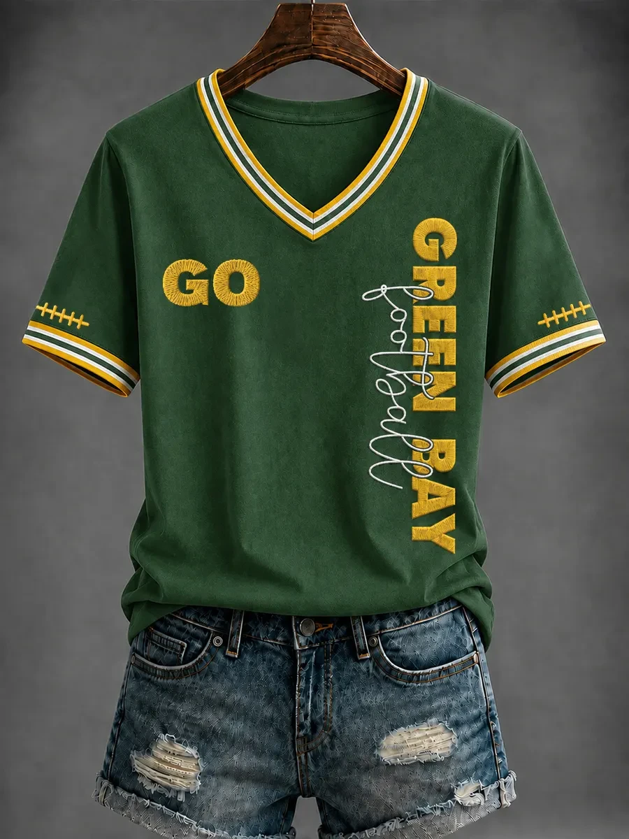 Green Bay Packers Merch Go Green Bay Football V-Neck Shirt Game Day Women's Apparel Fan Gifts