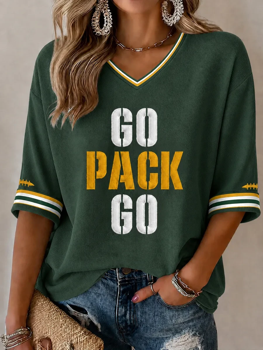 Green Bay Packers Merch Go Pack Go Crop Sleeve V-Neck Shirt Women's Game Day Attire Fan Gifts