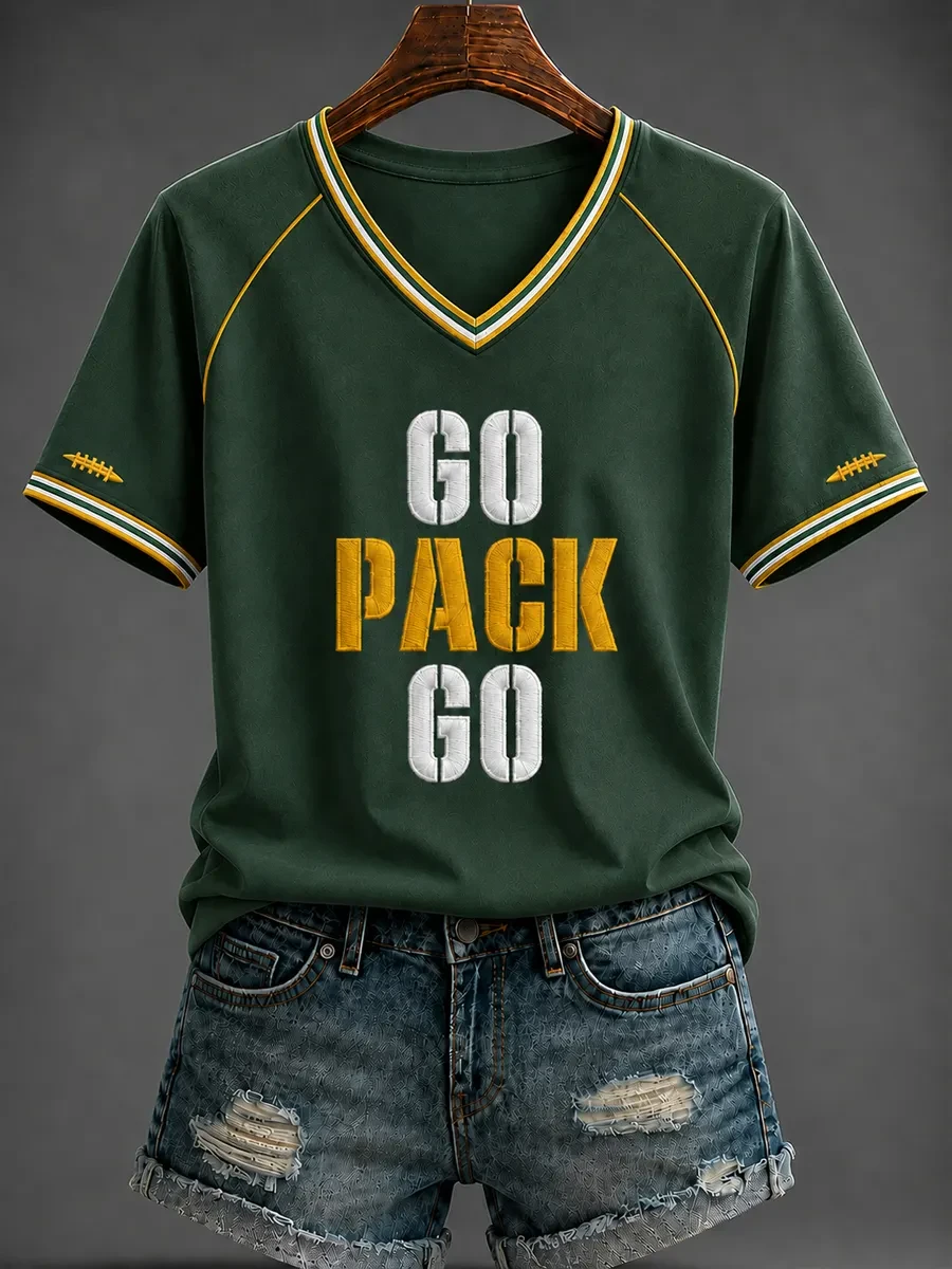 Green Bay Packers Merch Go Pack Go V-Neck Shirt Football Tailgate Outfits Game Day Gifts