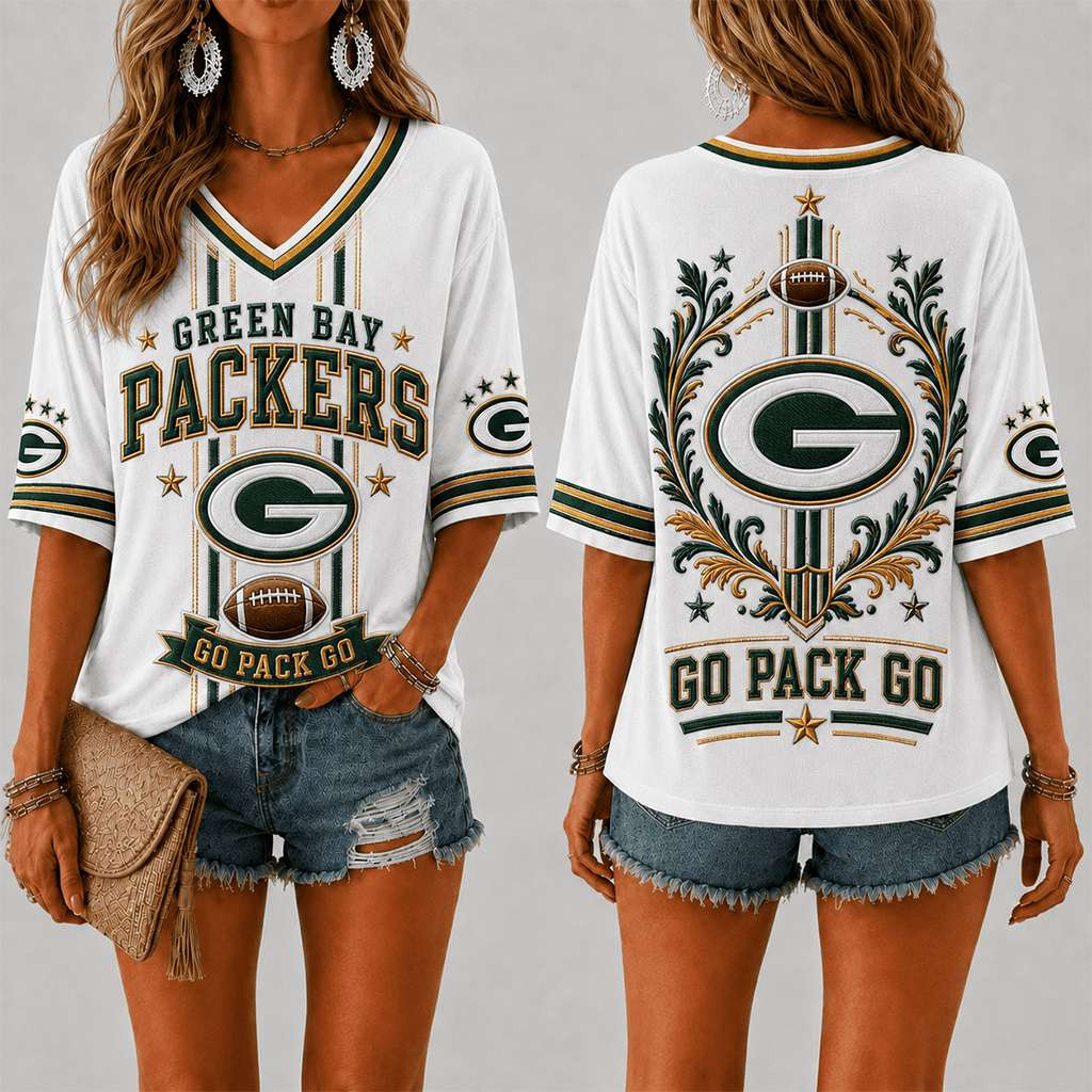 Green Bay Packers Merch Go Pack Go V-Neck Shirt Game Day Outfits Women Football Fan Gifts