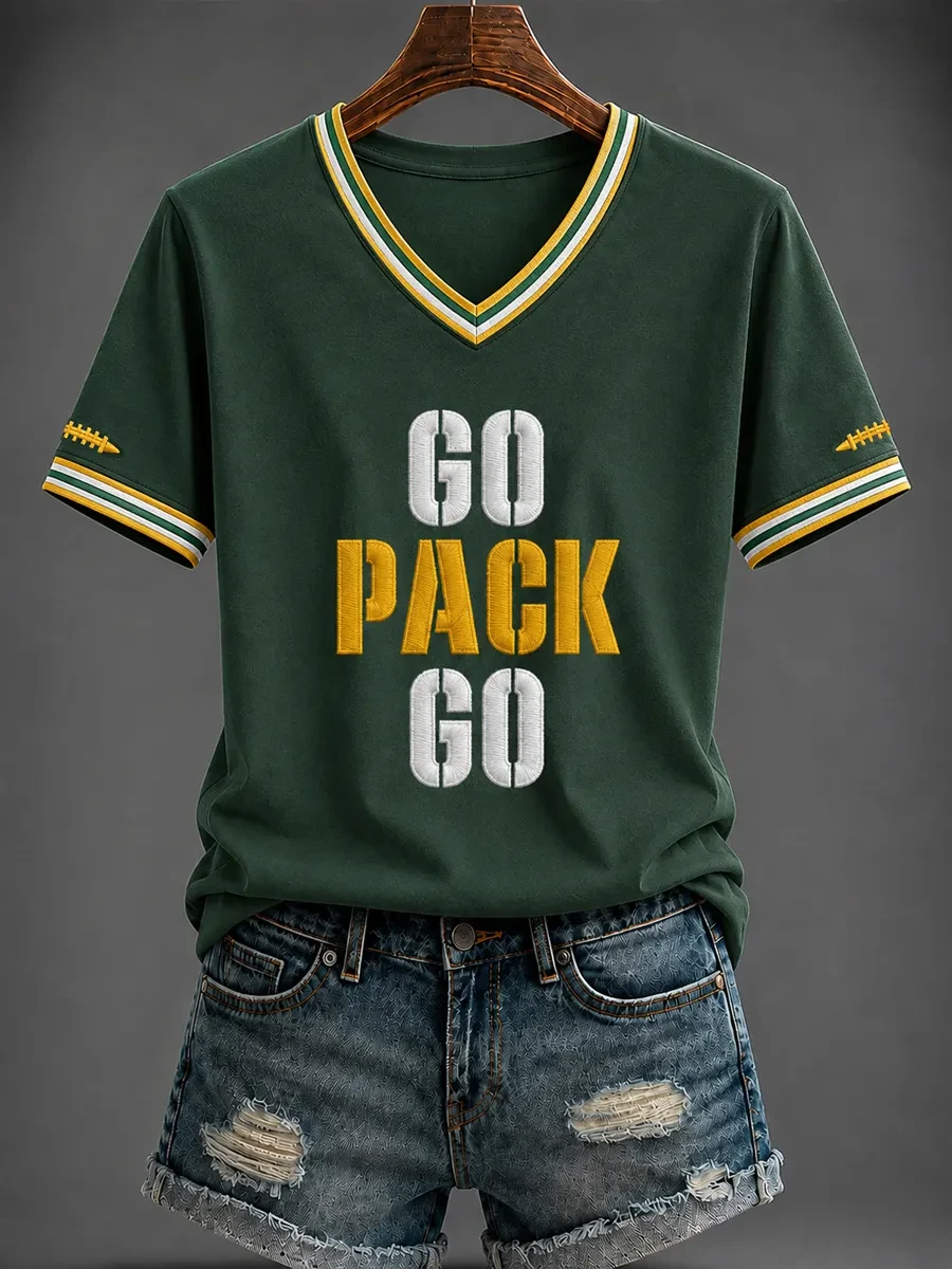 Green Bay Packers Merch Go Pack Go V-Neck Shirt Game Day Spirit Wear Gift For Football Lovers
