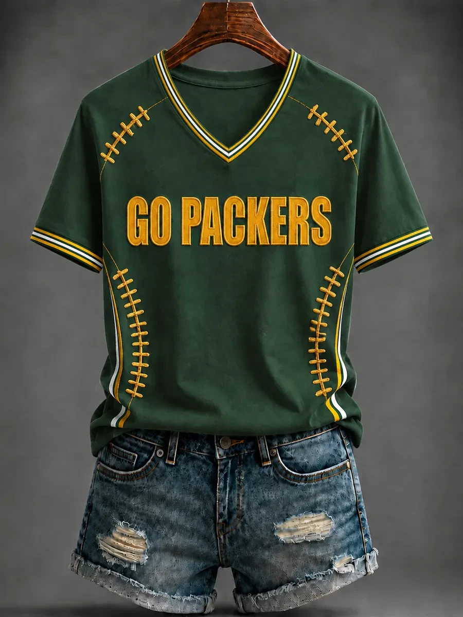 Green Bay Packers Merch Go Packers V-Neck Shirt Football Game Day Outfits Gifts For Fans