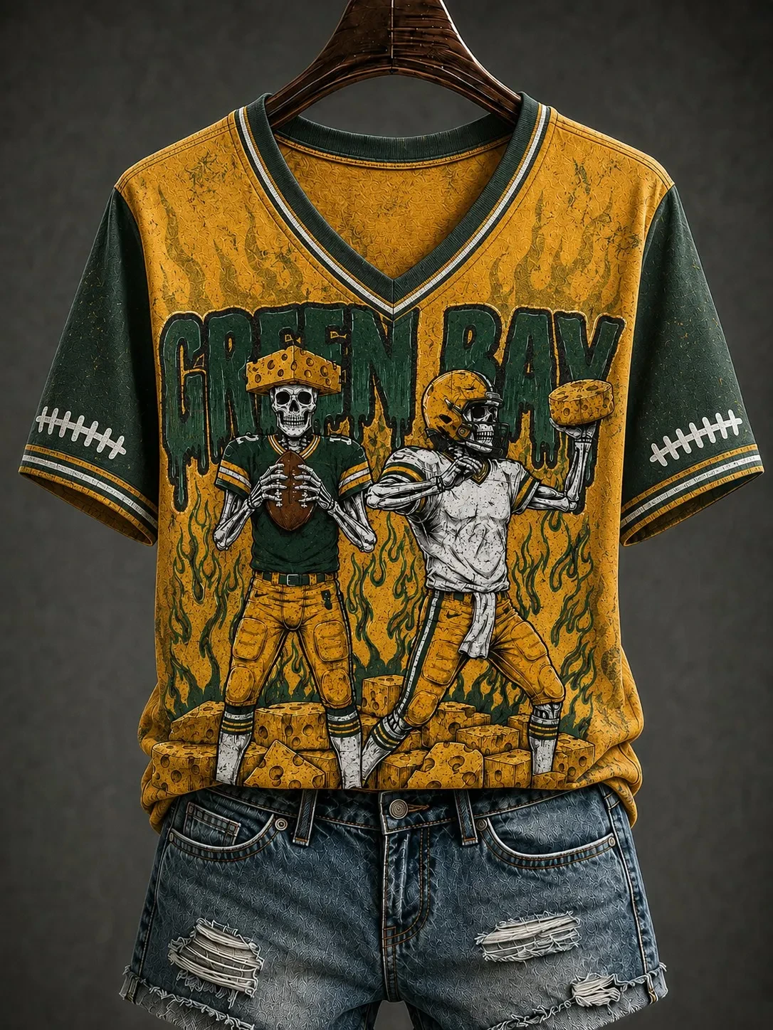 Green Bay Packers Merch Green Bay Football Cheese Skeleton V-Neck Shirt Game Day Outfits Green Bay Packers Merch Green Bay Football Cheese Skeleton V-Neck Shirt Game Day Outfits