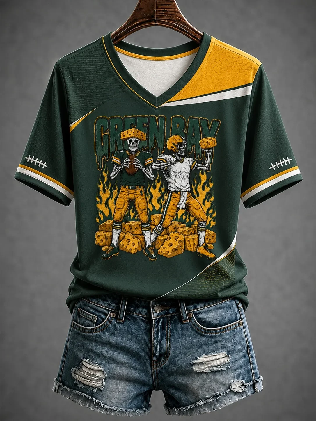 Green Bay Packers Merch Green Bay Football Skeleton V-Neck Shirt Game Day Clothing For Fans