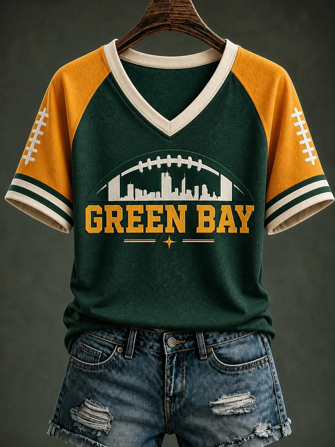 Green Bay Packers Merch Green Bay Football Skylive V-Neck Shirt Game Day Graphic Tee Women's