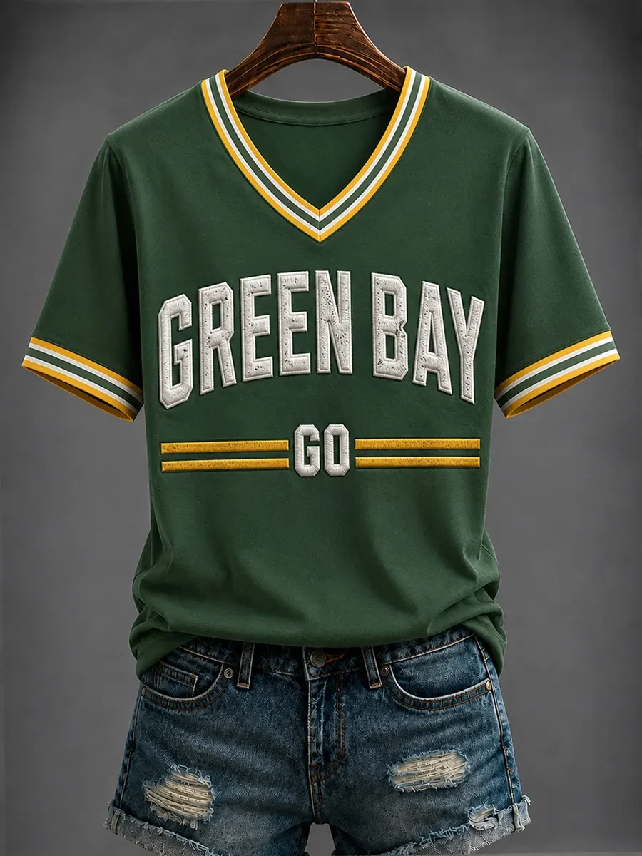 Green Bay Packers Merch Green Bay Go V-Neck Shirt Game Day Spirit Wear Gift For Football Lovers